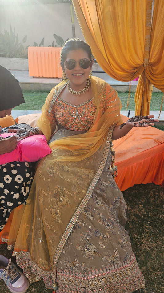 Orange and Green Mirror Work Lehenga