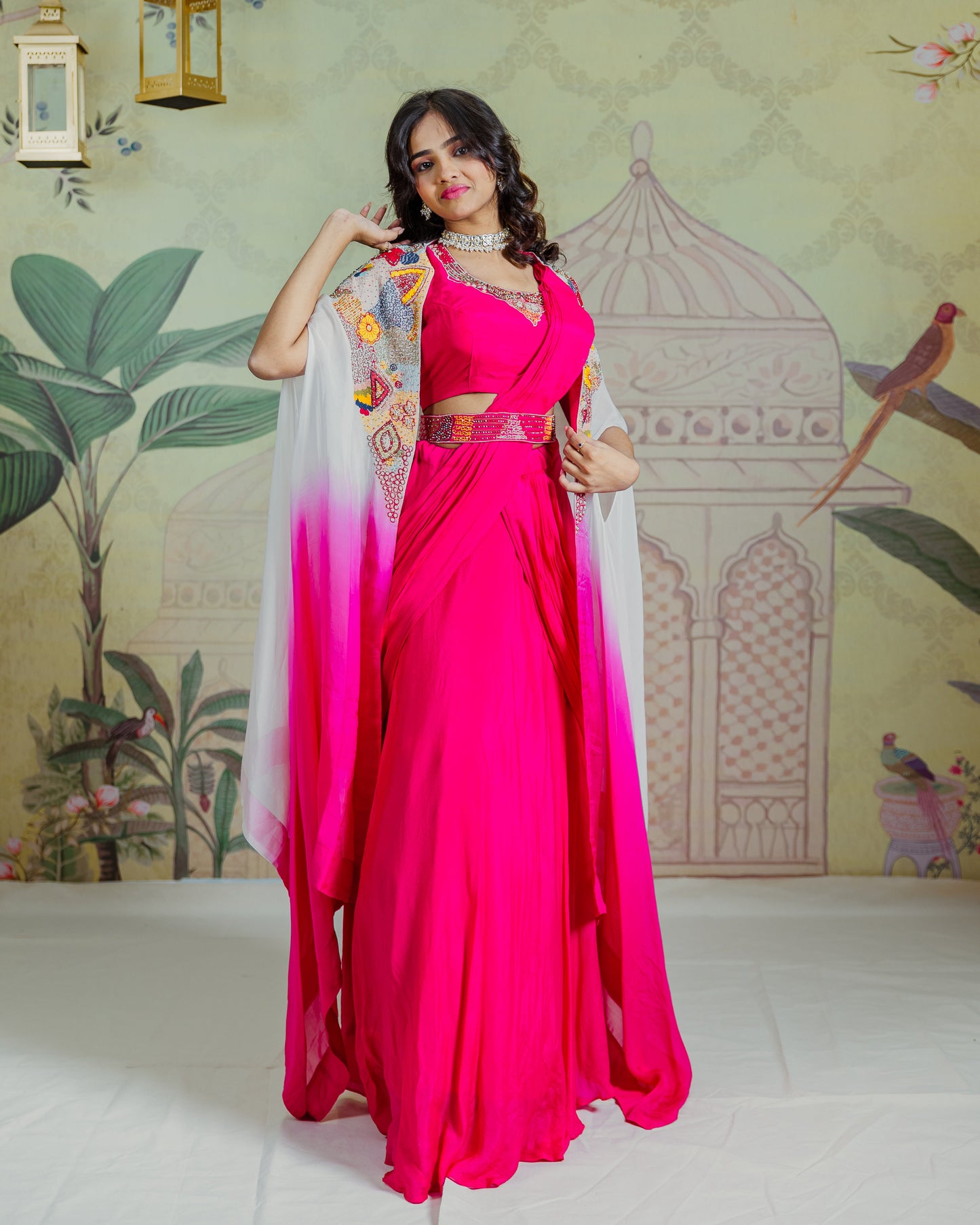 Pink Pre-Draped Saree with a Cape