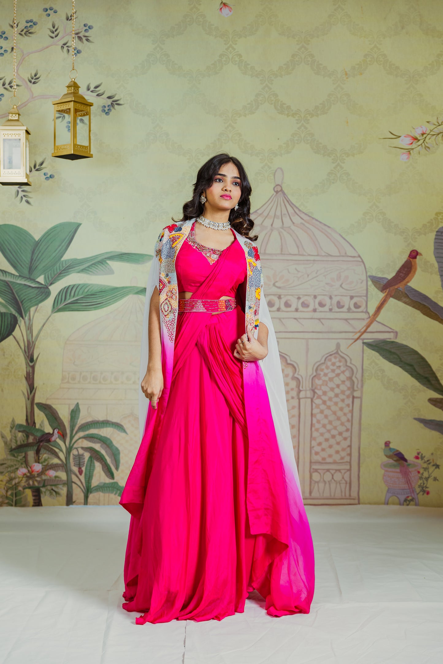 Pink Pre-Draped Saree with a Cape