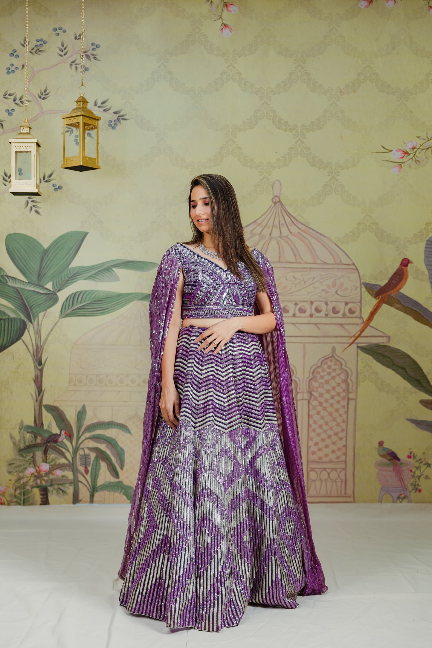 Purple Falling Sleeve Lehenga