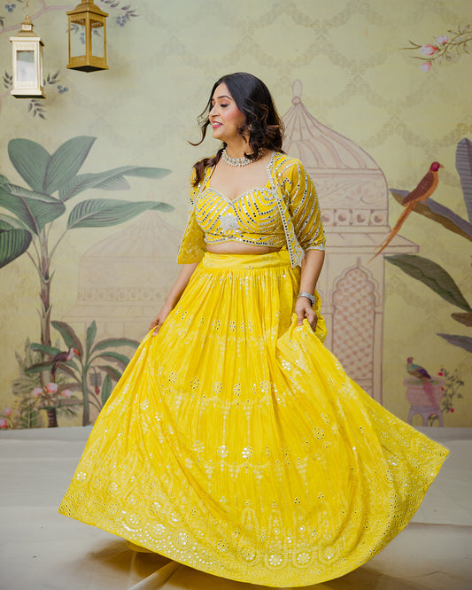 Yellow Embellished Jacket Lehenga Set