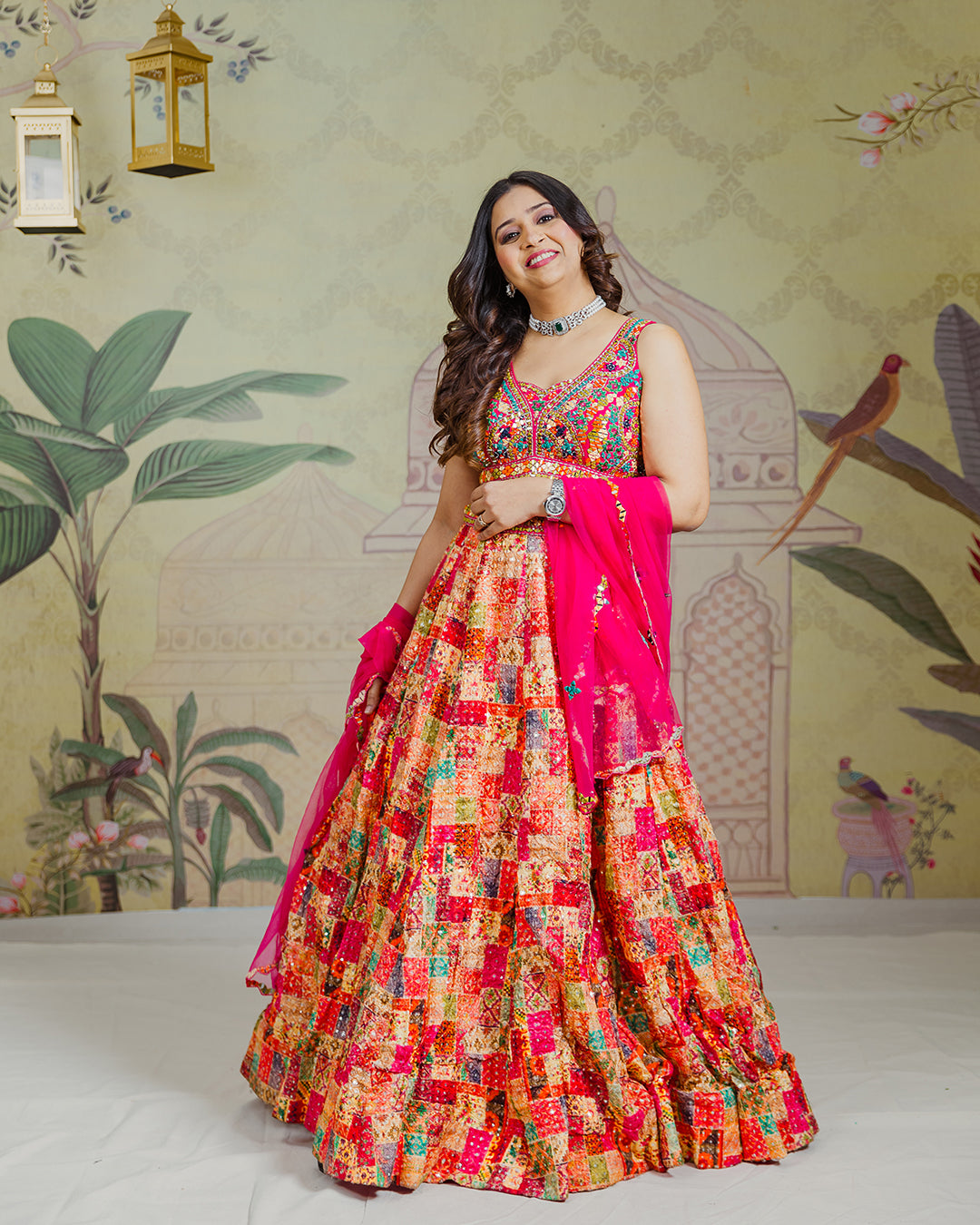 Mirror Work Blouse and Multi Colour Lehenga