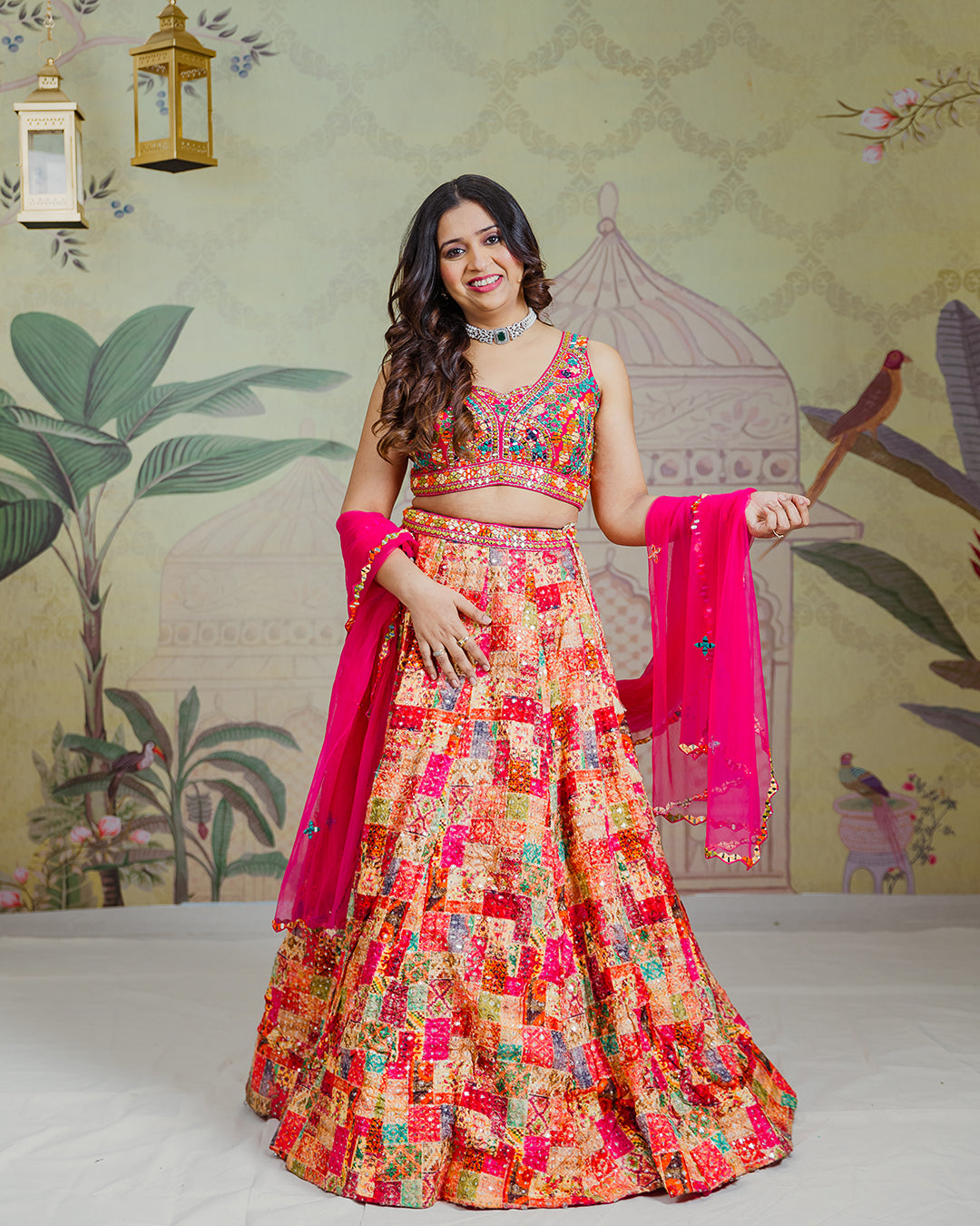 Mirror Work Blouse and Multi Colour Lehenga