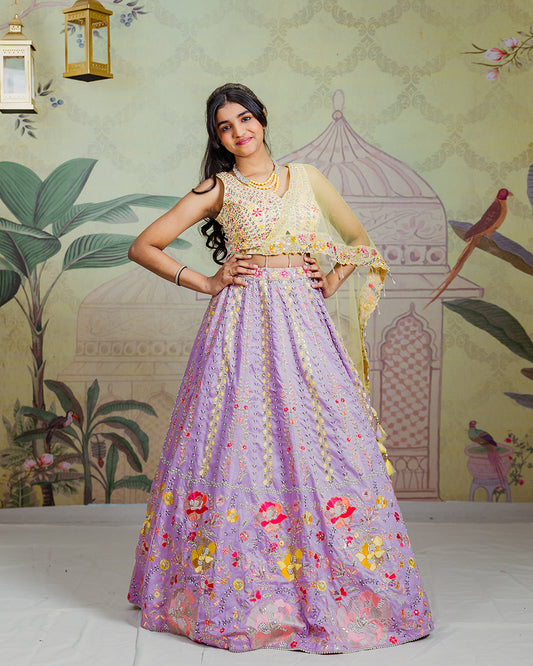 Yellow and Purple Attached Dupatta Lehenga