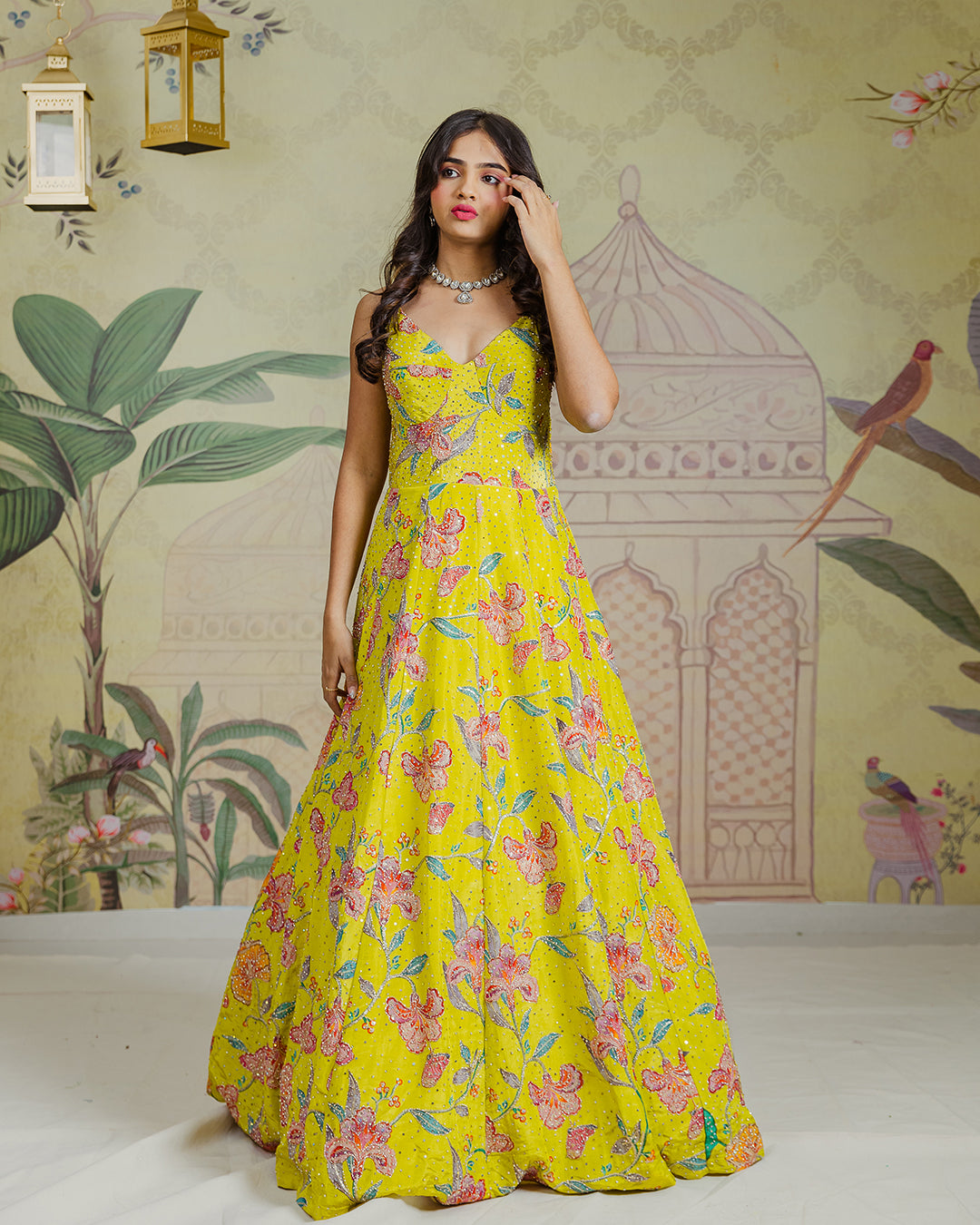 Green Floral Floor Length Gown