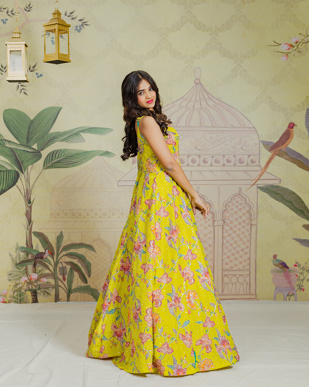 Green Floral Floor Length Gown