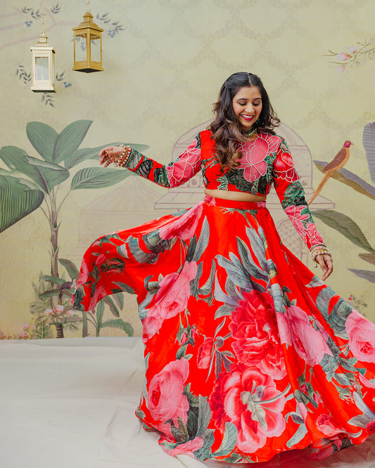 Payal and Zinal Red Floral Lehenga