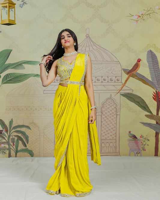 Yellow Pre Draped Saree