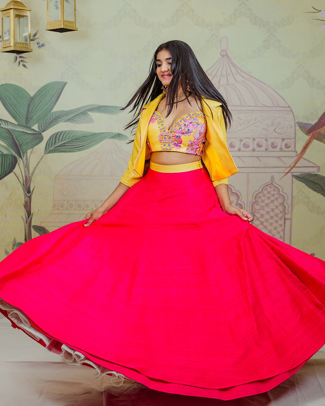 Yellow Jacket and Pink Lehenga