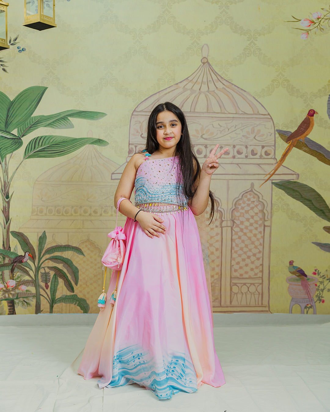 Pink and Blue Printed Lehenga with Bag