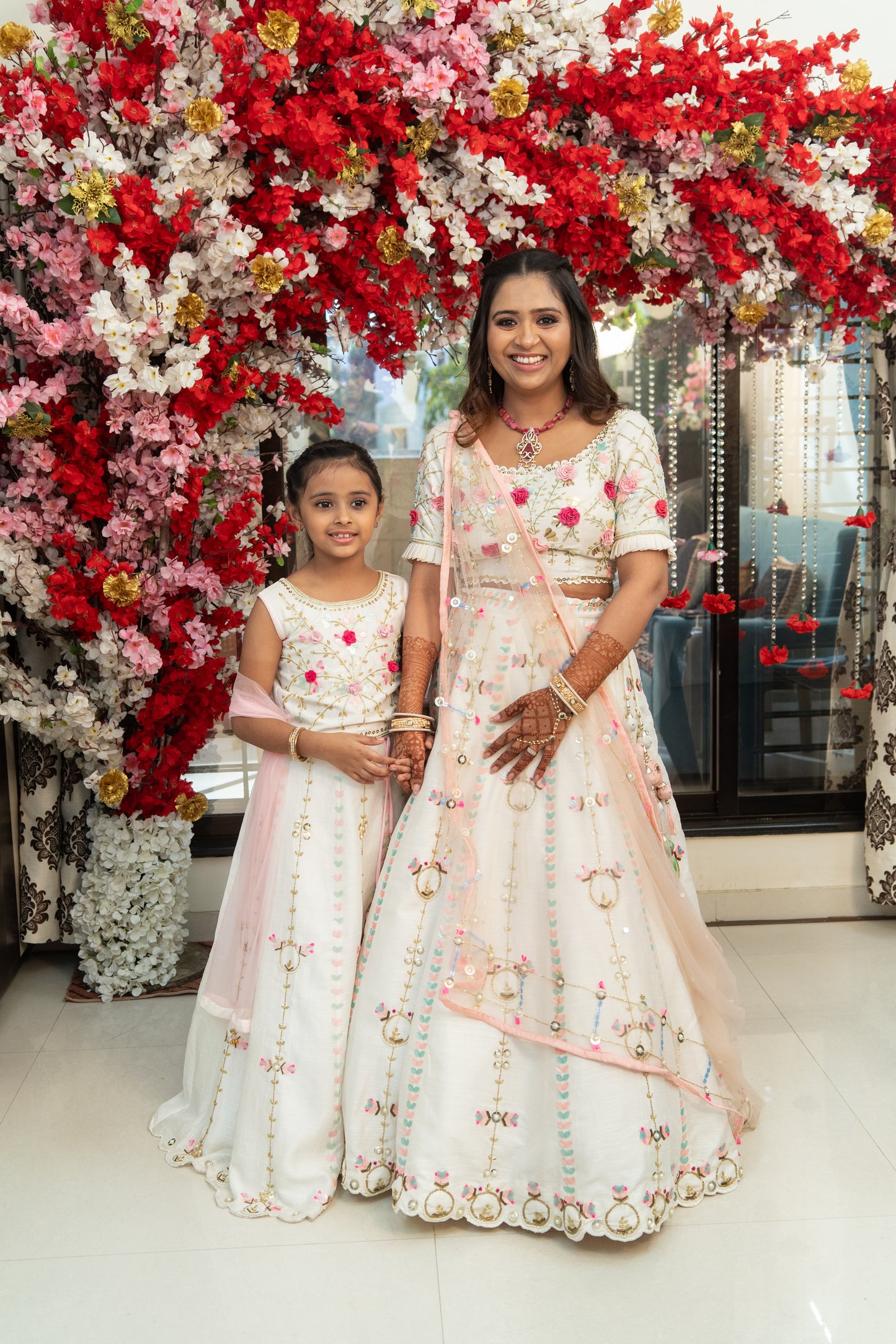 White Floral Embroidered Matching Lehenga-Women