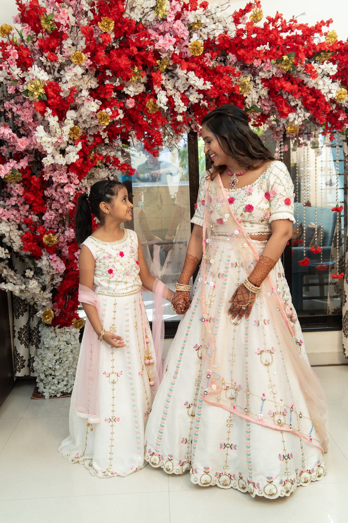 White Floral Embroidered Matching Lehenga-Girls